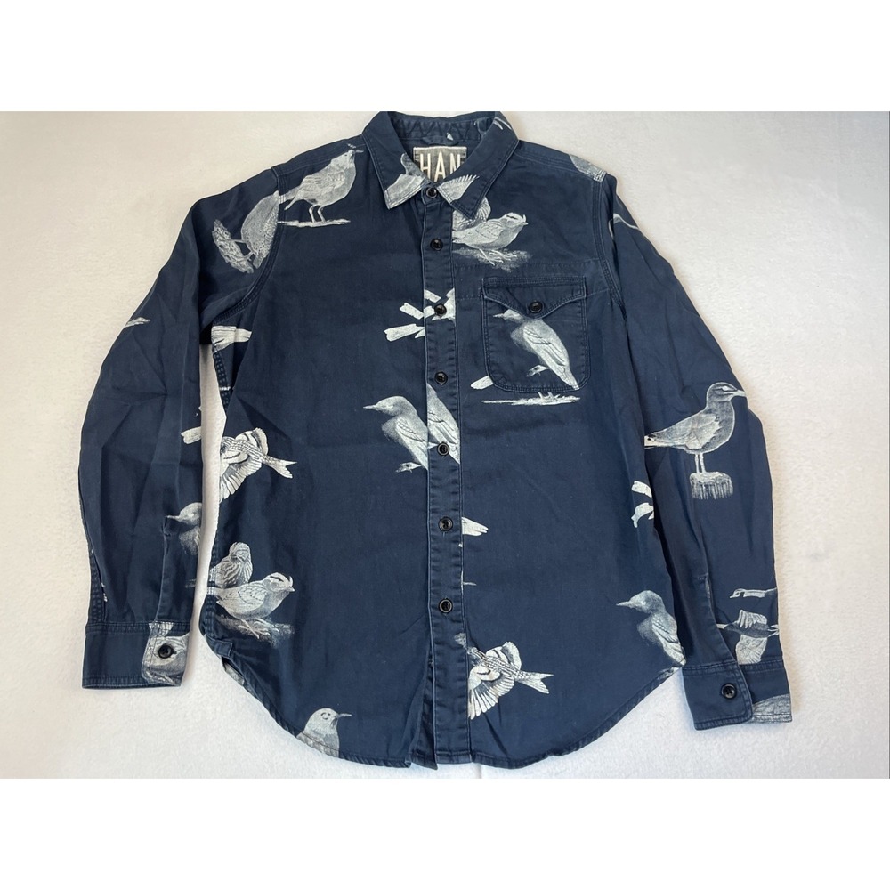 Han Kjobenhavn Bird Shirt Mens Size Medium Navy Pocket Cotton Long Sleeve